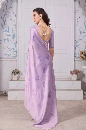 Purple Printed Satin Saree With Blouse
