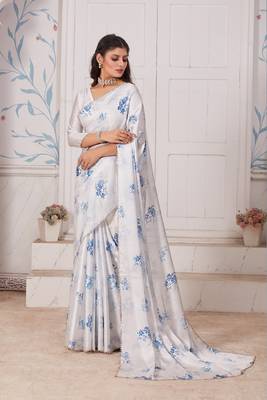 White Printed Satin Saree With Blouse 1