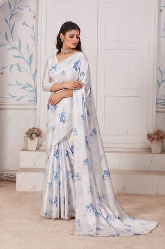 White Printed Satin Saree With Blouse