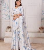 White Printed Satin Saree With Blouse