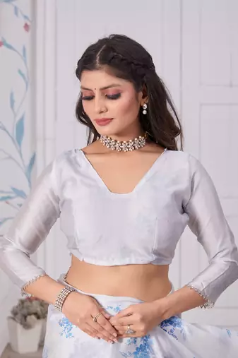 White Printed Satin Saree With Blouse