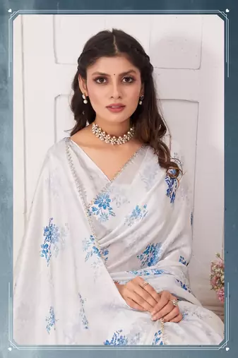 White Printed Satin Saree With Blouse