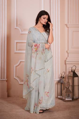 Blue Printed Orgnaza Saree With Blouse