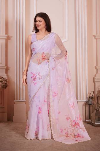 Lavender Printed Orgnaza Saree With Blouse