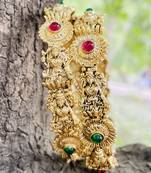 Mansiyaorange set of two matte gold lakshmi motif kempu stones bangles for women