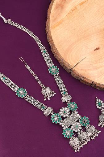 Mansiyaorange german silver oxidised green color kempu stone long rani haar for women