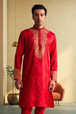 Men's red art silk blend embroidered ethnic kurta pyjama 1