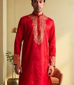 Men's red art silk blend embroidered ethnic kurta pyjama