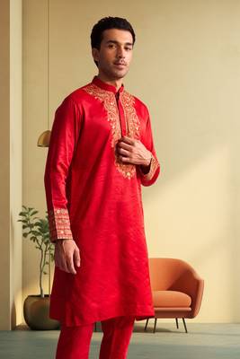 Men's red art silk blend embroidered ethnic kurta pyjama 2