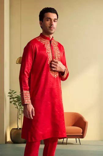 Men's red art silk blend embroidered ethnic kurta pyjama