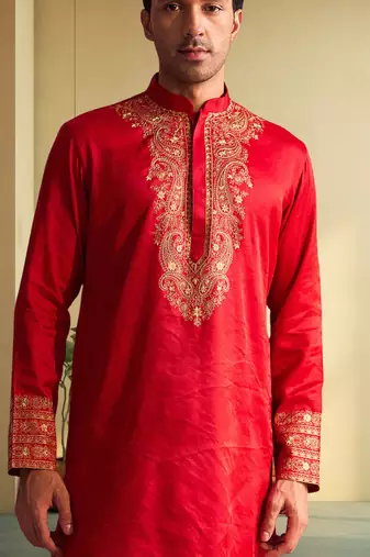 Men's red art silk blend embroidered ethnic kurta pyjama