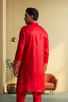 Men's red art silk blend embroidered ethnic kurta pyjama 4