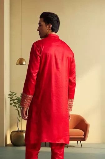 Men's red art silk blend embroidered ethnic kurta pyjama