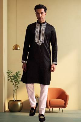 Men's black art silk embroidered kurta pyjama 1