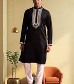 Men's black art silk embroidered kurta pyjama