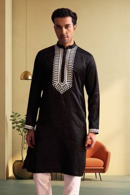 Men's black art silk embroidered kurta pyjama 2