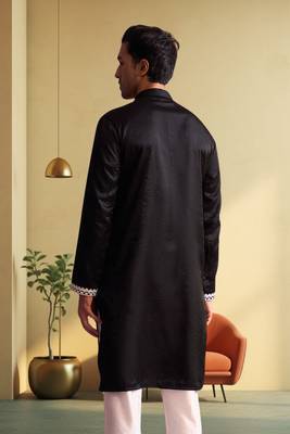 Men's black art silk embroidered kurta pyjama 3