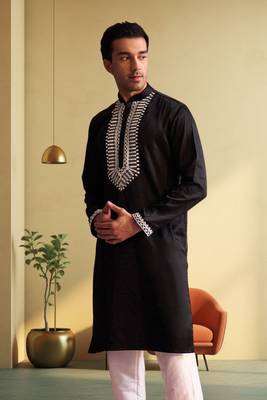 Men's black art silk embroidered kurta pyjama 4