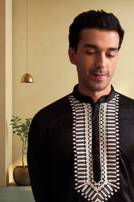 Men's black art silk embroidered kurta pyjama 5