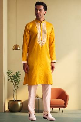 Men's yellow art silk embroidered kurta pyjama 1