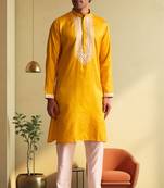 Men's yellow art silk embroidered kurta pyjama
