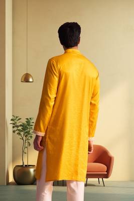 Men's yellow art silk embroidered kurta pyjama 2