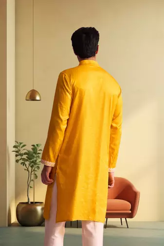 Men's yellow art silk embroidered kurta pyjama