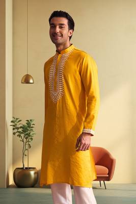 Men's yellow art silk embroidered kurta pyjama 3