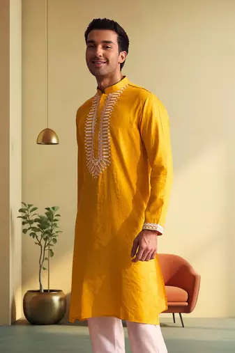 Men's yellow art silk embroidered kurta pyjama