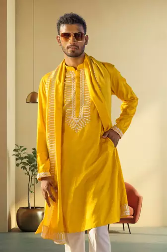 Men's yellow art silk embroidered kurta pyjama