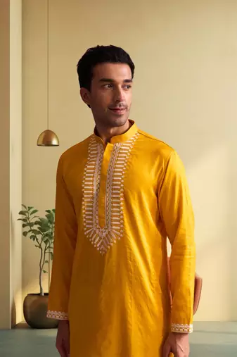 Men's yellow art silk embroidered kurta pyjama