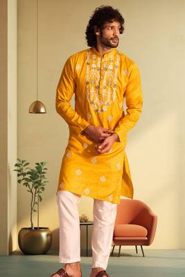Men's yellow art silk embroidered kurta pyjama 1