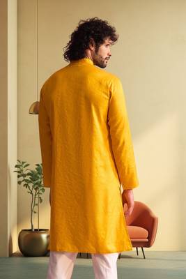 Men's yellow art silk embroidered kurta pyjama 2