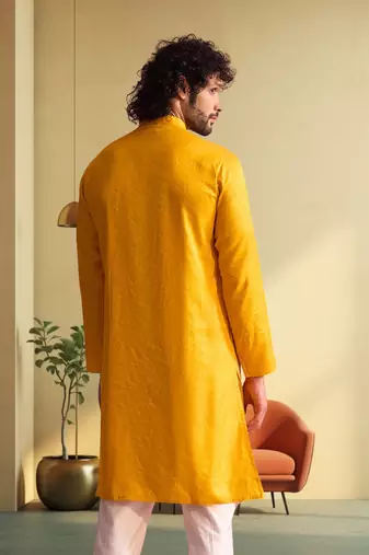 Men's yellow art silk embroidered kurta pyjama