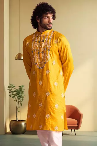 Men's yellow art silk embroidered kurta pyjama