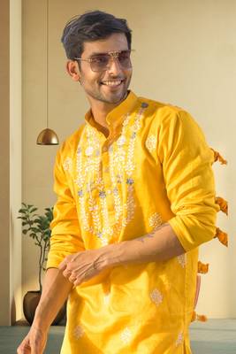 Men's yellow art silk embroidered kurta pyjama 4