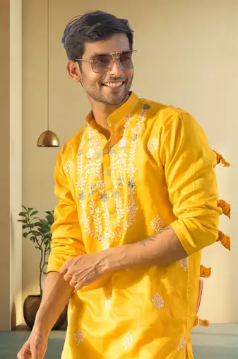 Men's yellow art silk embroidered kurta pyjama