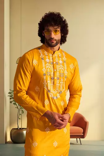 Men's yellow art silk embroidered kurta pyjama