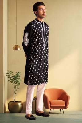 Men's black art silk embroidered kurta pyjama 1