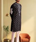 Men's black art silk embroidered kurta pyjama