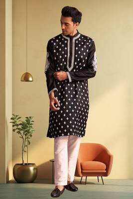 Men's black art silk embroidered kurta pyjama 2