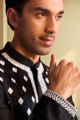 Men's black art silk embroidered kurta pyjama 5