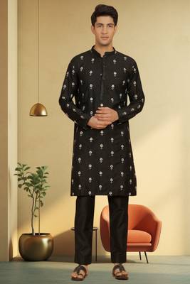 Men's black art silk embroidered kurta pyjama 1