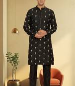 Men's black art silk embroidered kurta pyjama
