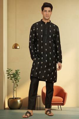 Men's black art silk embroidered kurta pyjama 2