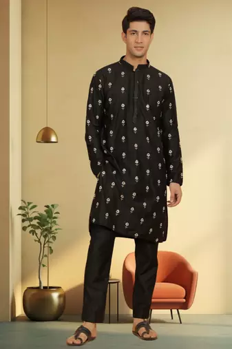 Men's black art silk embroidered kurta pyjama