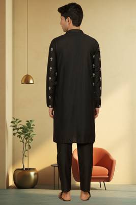 Men's black art silk embroidered kurta pyjama 3