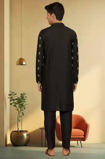 Men's black art silk embroidered kurta pyjama