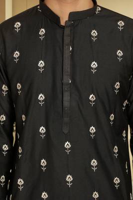 Men's black art silk embroidered kurta pyjama 4
