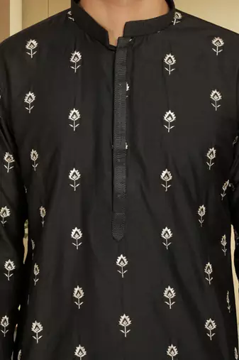 Men's black art silk embroidered kurta pyjama